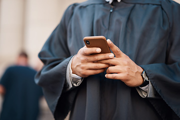 Image showing Lawyer, hands and cellphone with judge for justice at courtroom in city for communication or research. Tech, legal and advice with advocate for consulting on mobile app for client with an attorney.