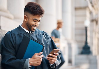 Image showing Lawyer man, city and text with phone, case documents and information for criminal defence in court battle. Young attorney, smartphone and chat with contact for litigation, evidence and justice system