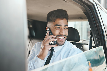 Image showing Business man, phone call or smile in car for communication, mobile networking or travel journey. Indian male worker thinking of vision, talking to smartphone contact or driving in taxi transportation