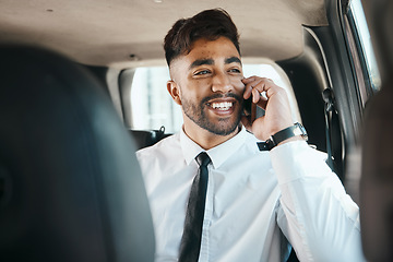 Image showing Happy man, phone call and travel in business car on tech communication, mobile networking or journey. Indian male worker thinking of vision, talking to smartphone contact or driving in taxi transport