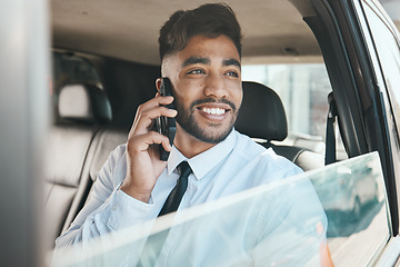 Image showing Business man, phone call and travel in car for communication, mobile networking or thinking of chat. Face, happy indian corporate worker or talking to contact, smartphone or driving in taxi transport