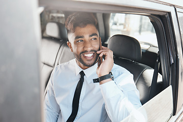 Image showing Thinking, happy and businessman on phone call in a car for travel communication and work. Smile, ideas and a young corporate employee in a taxi or transport while speaking on a mobile in the morning