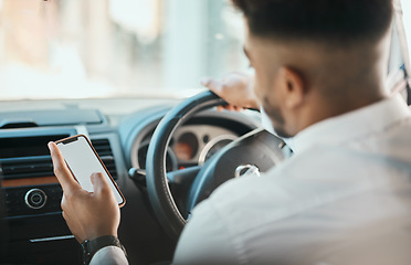 Image showing Business man, phone map and driving car on mockup screen to search location on mobile application from the back. Worker, transportation driver or scroll smartphone for direction to travel in journey