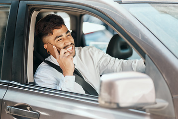 Image showing Happy business man, phone call and driving car for communication, mobile networking and chat in traffic. Indian male worker, driver and talking to contact, smartphone tech or travel in transportation