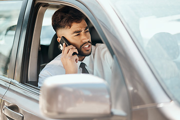 Image showing Business man, phone call and driving in car for communication, mobile networking and chat in traffic. Indian male worker, driver and talking to contact, smartphone tech and travel in transportation