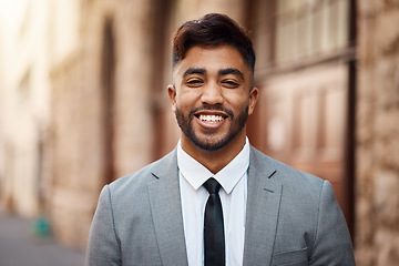 Image showing Smile, lawyer and business with portrait of man in city for justice, manager and pride. Happy, legal and advocate with face of male attorney at courthouse for advisor, corporate person or consultant