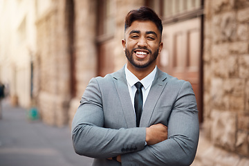 Image showing Smile, lawyer and arms crossed with portrait of man in city for justice, legal and pride. Happy, legal and advocate with face of male attorney at courthouse for advisor, corporate and consultant