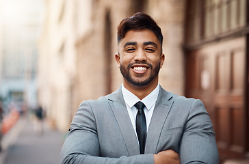 Image showing Happy, lawyer and arms crossed with portrait of man in city for justice, business and pride. Smile, legal and advocate with face of male attorney at courthouse for advisor, corporate and consultant