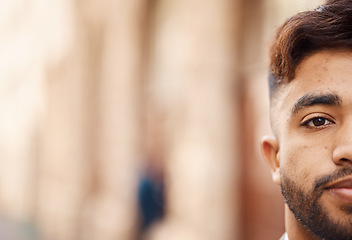 Image showing Half portrait, mockup and serious businessman in city for travel, work and business. Space, corporate and a banner of the face of a young corporate worker in town for career advertising with bokeh