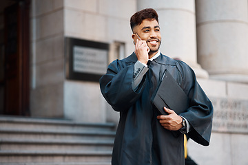 Image showing Phone call, lawyer and happy man talking in city, conversation or communication with case documents. Smartphone, smile and attorney speaking, chat or listening to contact for legal discussion outdoor