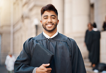 Image showing Smile, lawyer and judge with portrait of man in city for justice, jury and pride. Happy, legal and advocate with face of male attorney at courthouse for advisor, corporate and consultant