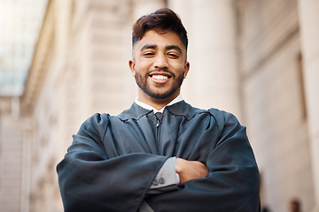 Image showing Judge, lawyer and arms crossed with portrait of man in city for justice, smile and pride. Happy, legal and advocate with face of male attorney at courthouse for advisor, corporate and consultant