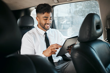 Image showing Business man, tablet and travel in car for online search, trading data and reading stock market information. Indian trader scroll on digital technology, financial website or driving in taxi transport