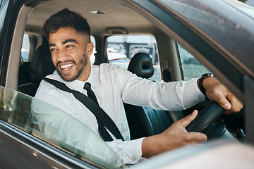 Image showing Business man, smile and driving car for morning commute, transportation and journey in traffic. Happy corporate indian male employee, travel and driver at steering wheel, auto vehicle or trip to work