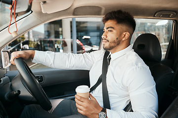 Image showing Business man, coffee cup and driving car for morning commute, transportation and waiting in traffic. Corporate indian male employee, travel and driver at steering wheel for journey on road with drink