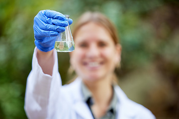 Image showing Forest, sample and professional scientist test water for research or inspection of the ecosystem and environment study. Science, sustainable and woman environmentalist doing carbon footprint exam