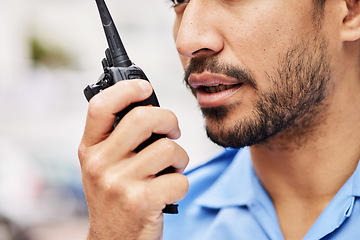 Image showing Walkie talkie, man and security guard for police service, backup support and safety. Closeup mouth of legal officer, bodyguard and radio communication for crime investigation to monitor surveillance