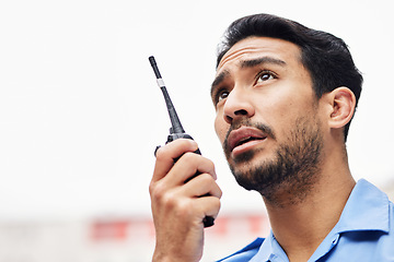 Image showing Walkie talkie, man and face of security guard for safety, backup support and mockup space. Asian police officer, bodyguard and radio communication of crime investigation to monitor city surveillance