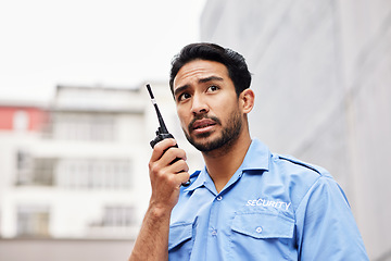 Image showing Walkie talkie, man and asian security guard for safety, city watch or call backup for help. Police officer, bodyguard and cop contact on radio communication, crime investigation or urban surveillance