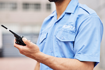 Image showing Walkie talkie, man and hands of security guard for safety, justice and call backup in city. Closeup of police officer, bodyguard and contact on radio communication, crime watch and urban surveillance