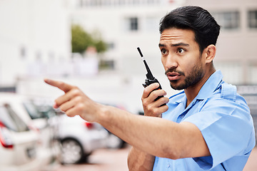 Image showing Security man, radio and point in street for inspection, law or warning with call, backup and city. Police officer, outdoor and communication to stop crime on walkie talkie, public services or safety