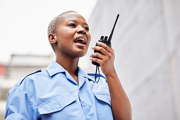 Image showing Walkie talkie, woman and security guard with radio outdoor for safety, justice and call backup. Black female police officer, bodyguard and contact audio communication for crime watch and surveillance