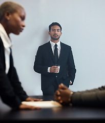 Image showing Justice, detective and crime with people in interrogation room for law, security and interview questions. Legal, conversation and police with criminal and investigator for information, jail or arrest