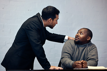 Image showing Interrogation, arrest and force with detective and criminal in prison for law, security and african prisoner. Justice, interview and police with people and question for information, jail and violence