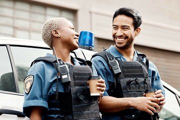 Image showing Car, coffee or police partner in city for protection, law enforcement or crime on a break together. Lunch, funny policeman or happy woman security guard laughing or standing for justice or teamwork