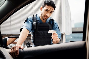 Image showing Car, drivers license or police officer in city to check info for law enforcement, protection or street safety. Cop portrait, traffic stop or security guard on patrol in a town for crime or justice