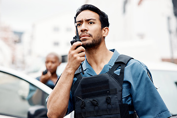 Image showing Asian man, police and walkie talkie for backup in city communication, reinforcement or emergency. African female person, security guard or cop radio calling team for crime in street of an urban town