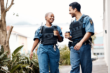 Image showing Police, conversation and team on a coffee break after investigation, walking and patrol for law protection in city. Criminal, happy and legal service guard or security smile for justice enforcement