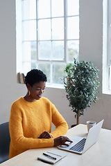 Image showing Remote work from home, business and black woman with a laptop, typing and deadline with happiness, connection and internet search. Female person, lady or entrepreneur with a pc or website information