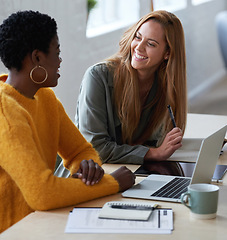 Image showing Collaboration, writer and women on laptop in creative startup company for brainstorming. Teamwork, copywriter and happy people with computer for business project, planning or research on the internet