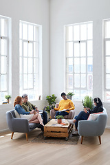 Image showing Startup, meeting and creative employees in the office lounge or coworking space planning a project in collaboration. Teamwork, diversity and team working together with technology on sofa in workplace