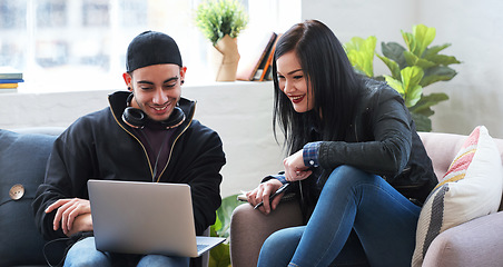 Image showing Laptop, education and student friends in the breakroom of a university campus for a study assignment. Technology, research or information with a man and woman pupil at college together for learning