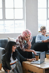 Image showing Friends, students and study with a laptop on sofa in university for learning. Teamwork, happy women and college computer for education, knowledge and girls streaming video online, internet and email