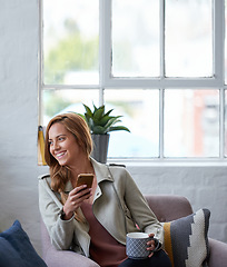 Image showing Happy woman, smartphone and coffee, thinking and dream at home, morning routine and social media. Communication, technology and future mindset, female person using phone and mobile app with drink