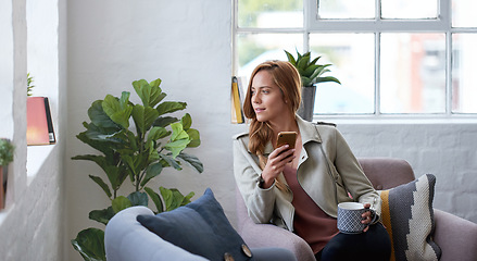 Image showing Young woman, smartphone and coffee, vision and dream at home, morning routine and social media. Communication, technology and thinking of future, female person using phone and mobile app with drink