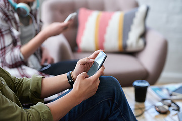 Image showing Hands, smartphone and typing on chat in social media with communication, technology and contact. Scroll the internet, search and mobile app with person using phone, connectivity and streaming network