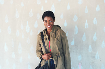 Image showing Portrait, education and smile with a black woman student against rain wallpaper on the campus of her university. Study, scholarship and academic with a happy young female pupil learning at college