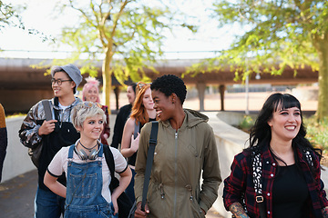 Image showing College, campus and group of students walking at university talking and speaking with diversity ready for learning. Happy, education and young gen z people or friends with a scholarship together