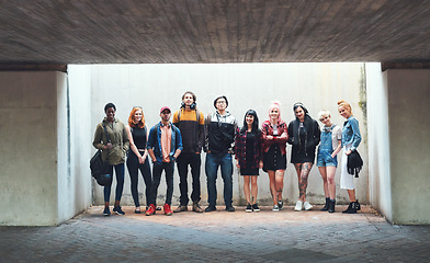 Image showing Portrait of a group, diversity or teenager with friends together in gen z, fashion or urban style for city, town or basement. People, community or teen student in casual streetwear for the weekend