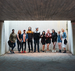 Image showing Group portrait, diversity or teenager with friends together in gen z, fashion or urban style for city, town or basement. People, community or teen student in casual streetwear for the weekend