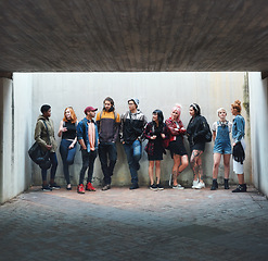 Image showing People, student and friends in relax or social gather standing against a wall in urban town. Diversity or group of creative teenagers hanging out together on college campus with mockup space outside