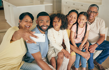 Image showing Family selfie, grandparents and kids on sofa with social media or online memory for bond, love and happy home. Senior mom, dad and biracial children in living room for photography or profile picture