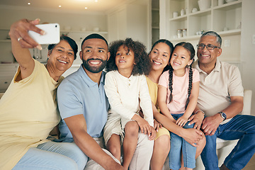 Image showing Family selfie, grandparents and children on sofa with social media or online memory for bond, love and happy home. Senior mom, dad and biracial kids in living room for photography or profile picture