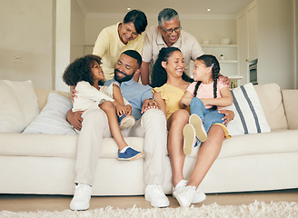 Image showing Grandparents, mother and father with children, home and quality time with happiness, couch and bonding. Dad, mama and old woman with elderly man, kids and cheerful with big family and loving together