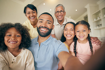 Image showing Happy, portrait of big family and selfie in home, bonding together and love. Face, profile picture and kids, grandparents and mother, father and children smile taking photo for memory on social media