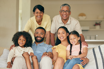 Image showing Parents, kids and portrait of big family in home for love, care and quality time together. Mother, father and grandparents relax with young children in living room for support, smile and generations